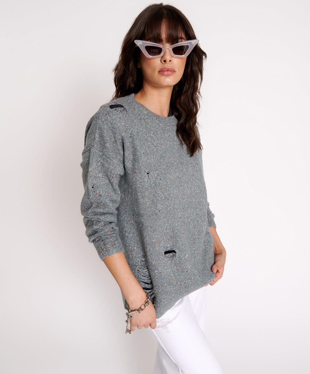 Last Stock Distressed Fisherman Knit Sweater - Grey