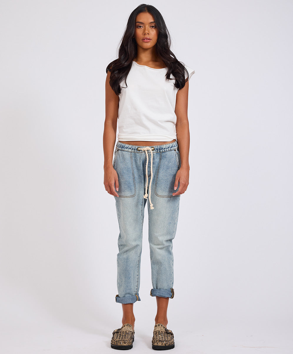 Women's Boyfriend Jeans Shabbies Low Waist Drawstring Boyfriend Denim Jeans - Montana