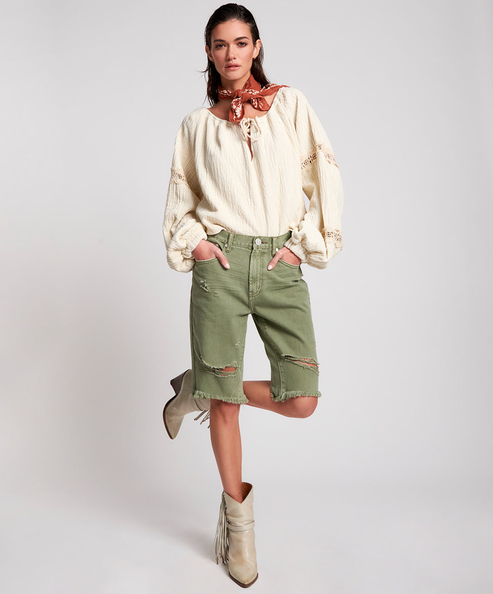 Khaki Edit Truckers Mid Waist Long-Length Relaxed Denim Shorts - Super Khaki