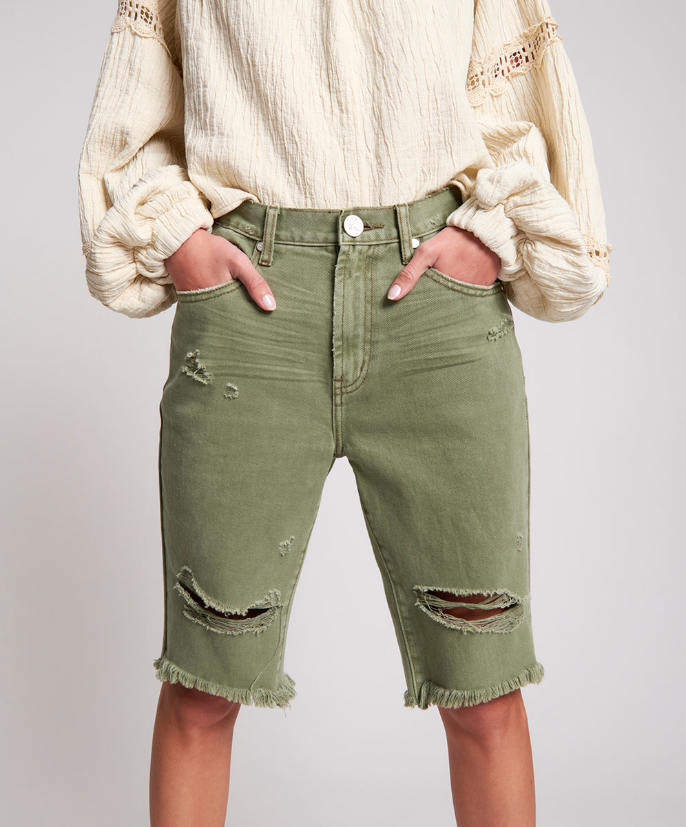 Khaki Edit Truckers Mid Waist Long-Length Relaxed Denim Shorts - Super Khaki