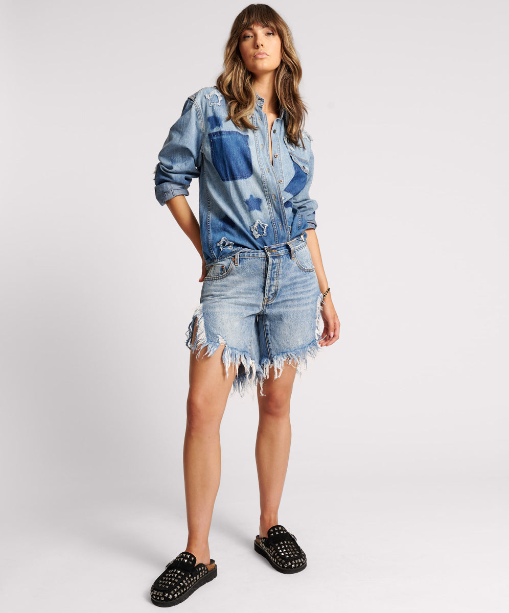 Dirty Blue Denim Frankies Low Waist Long Length Denim Shorts - Hollywood