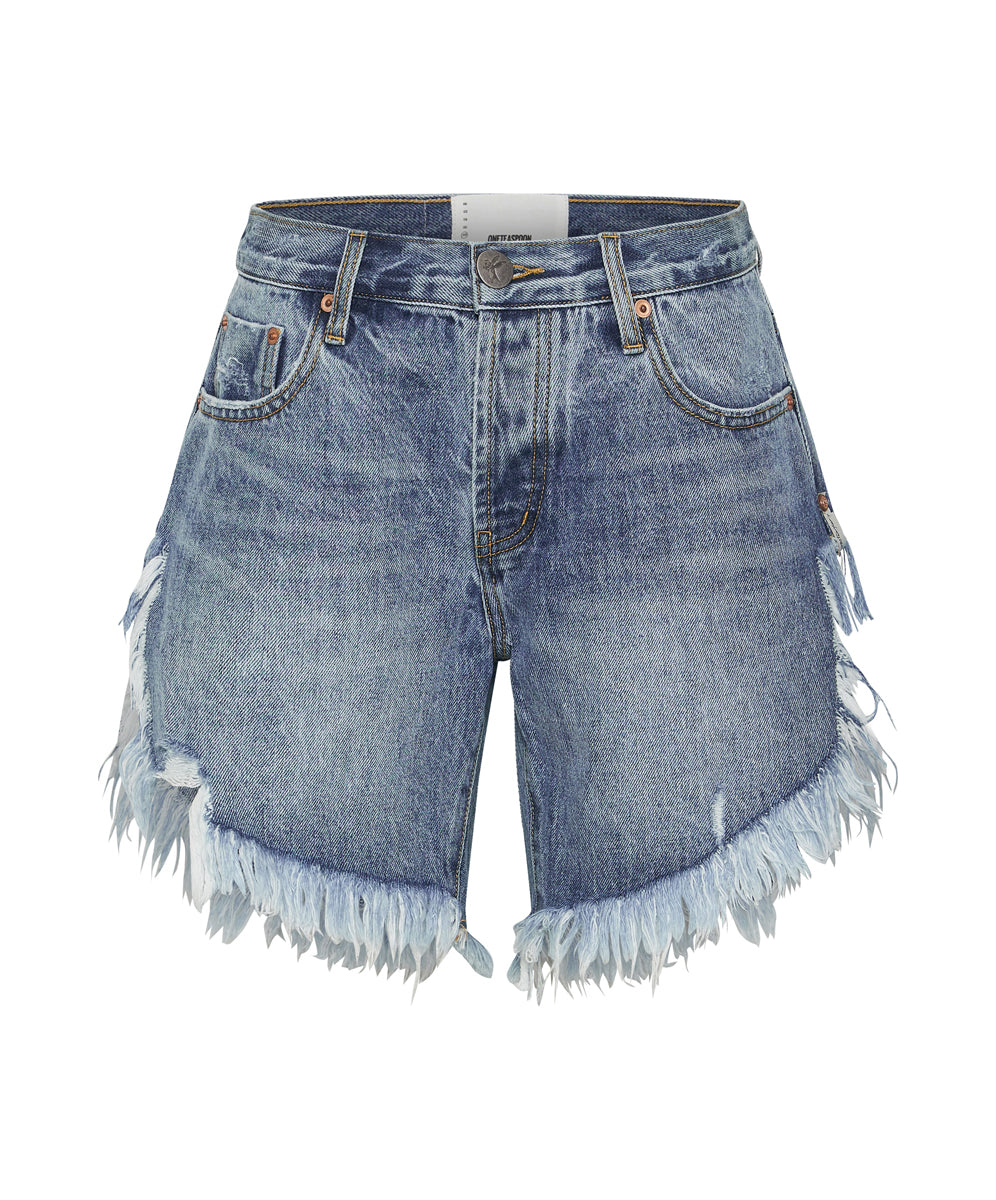 Dirty Blue Denim Frankies Low Waist Long Length Denim Shorts - Hollywood