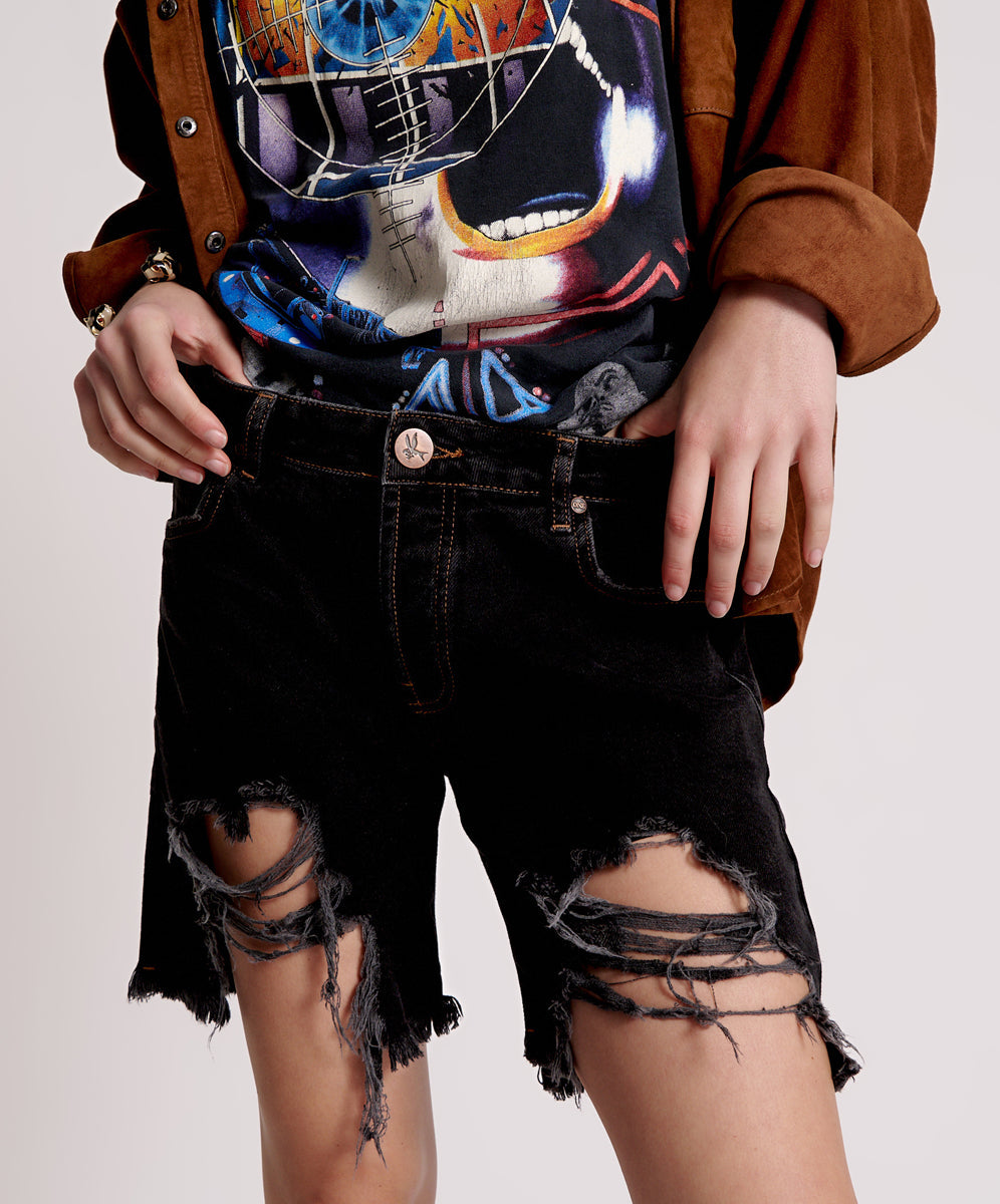 Last Stock Stevies Low Waist Waist Long Length Boyfriend Denim Shorts - Worn Black