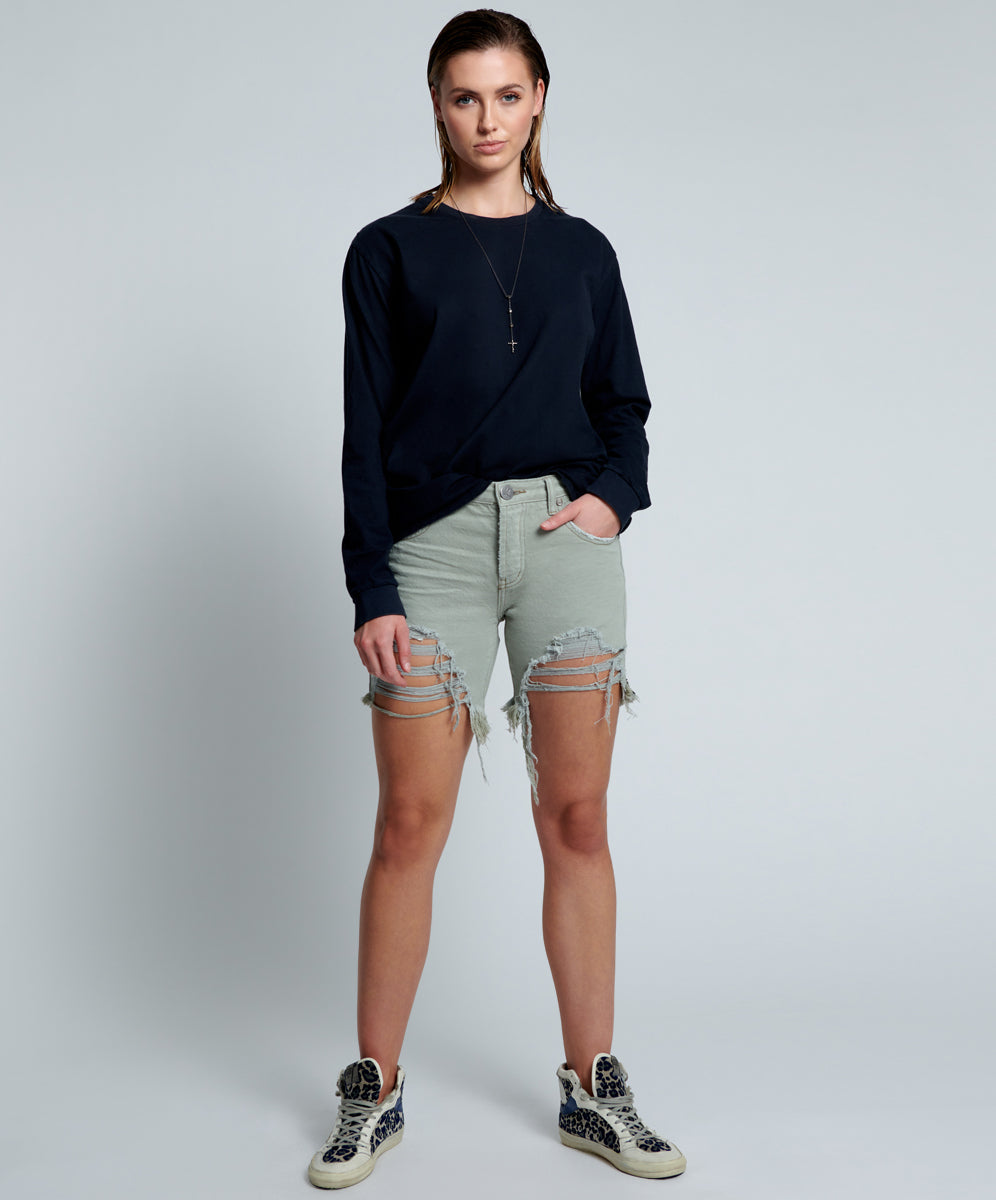 Last Stock Stevies Low Waist Waist Long Length Boyfriend Denim Shorts - Faded Khaki