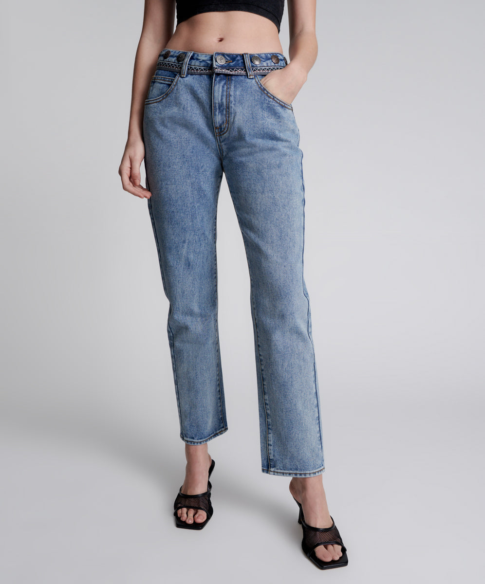 Last Stock Truckers Mid Waist Straight Leg Denim Jeans - Hollywood Hills