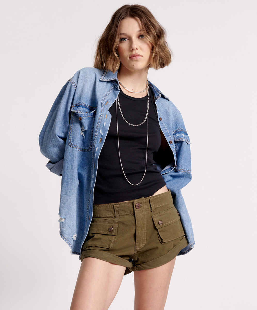 Khaki Edit Cadet Bandits Low Waist Denim Shorts - Dark Khaki
