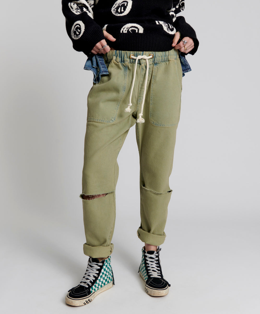 Khaki Edit Shabbies Low Waist Drawstring Boyfriend Denim Jeans - Khaki Haze