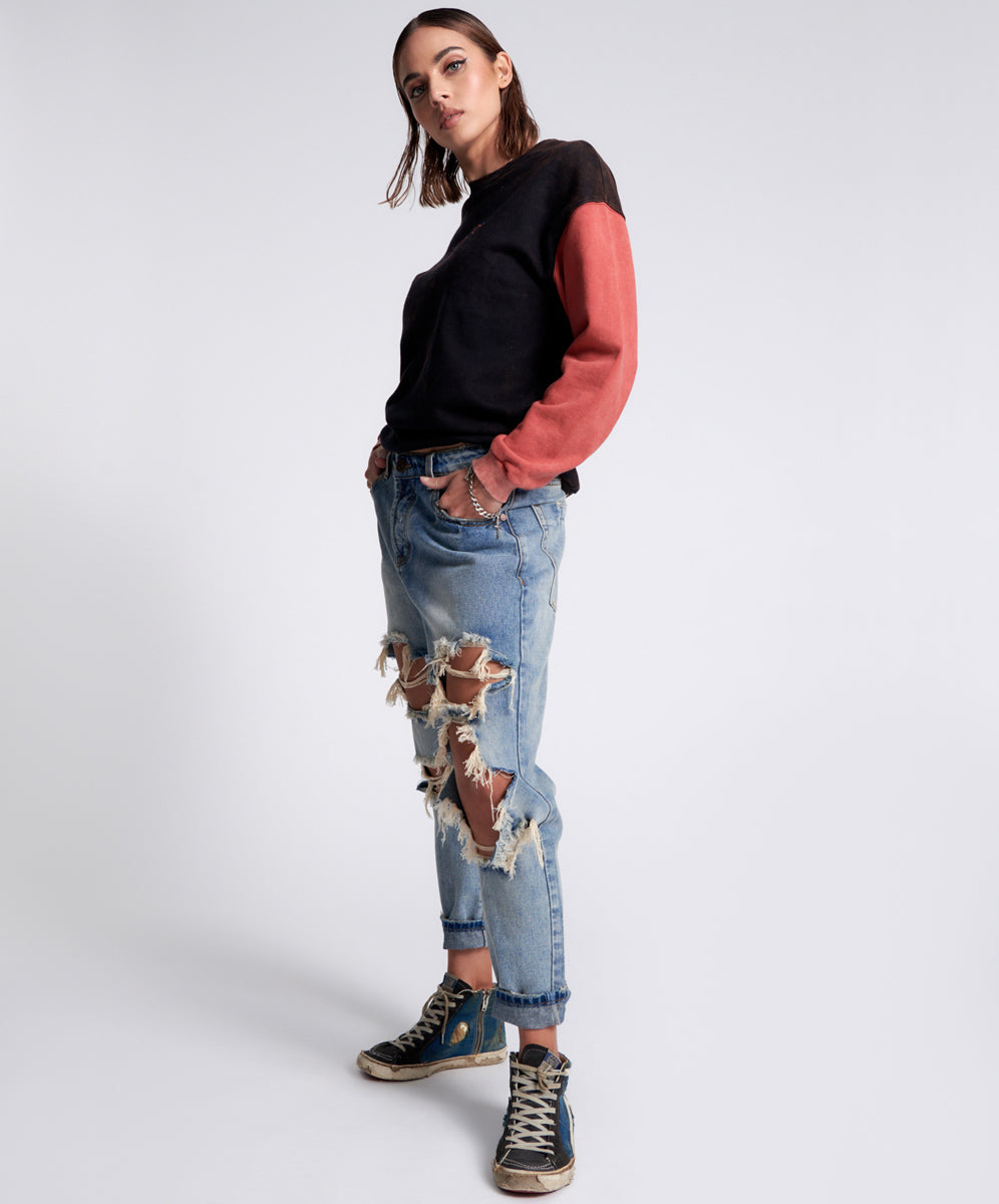 Dirty Blue Denim Saints Low Waist Boyfriend Denim Jeans - Sunbleach Blue