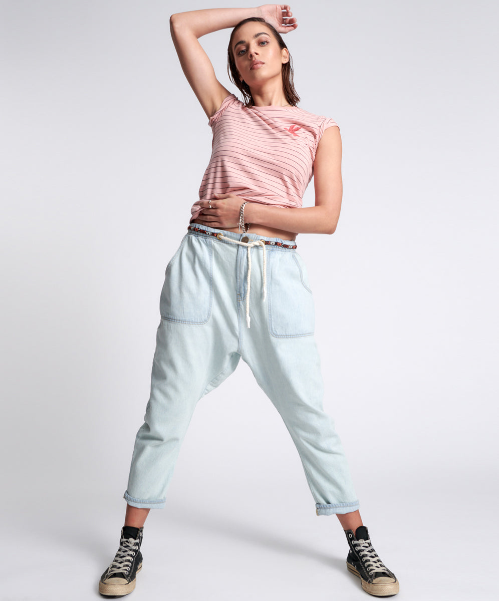 Outlet Sale Women's Jeans Shabbies Low Waist Drawstring Boyfriend Denim Jeans - Angel Blue