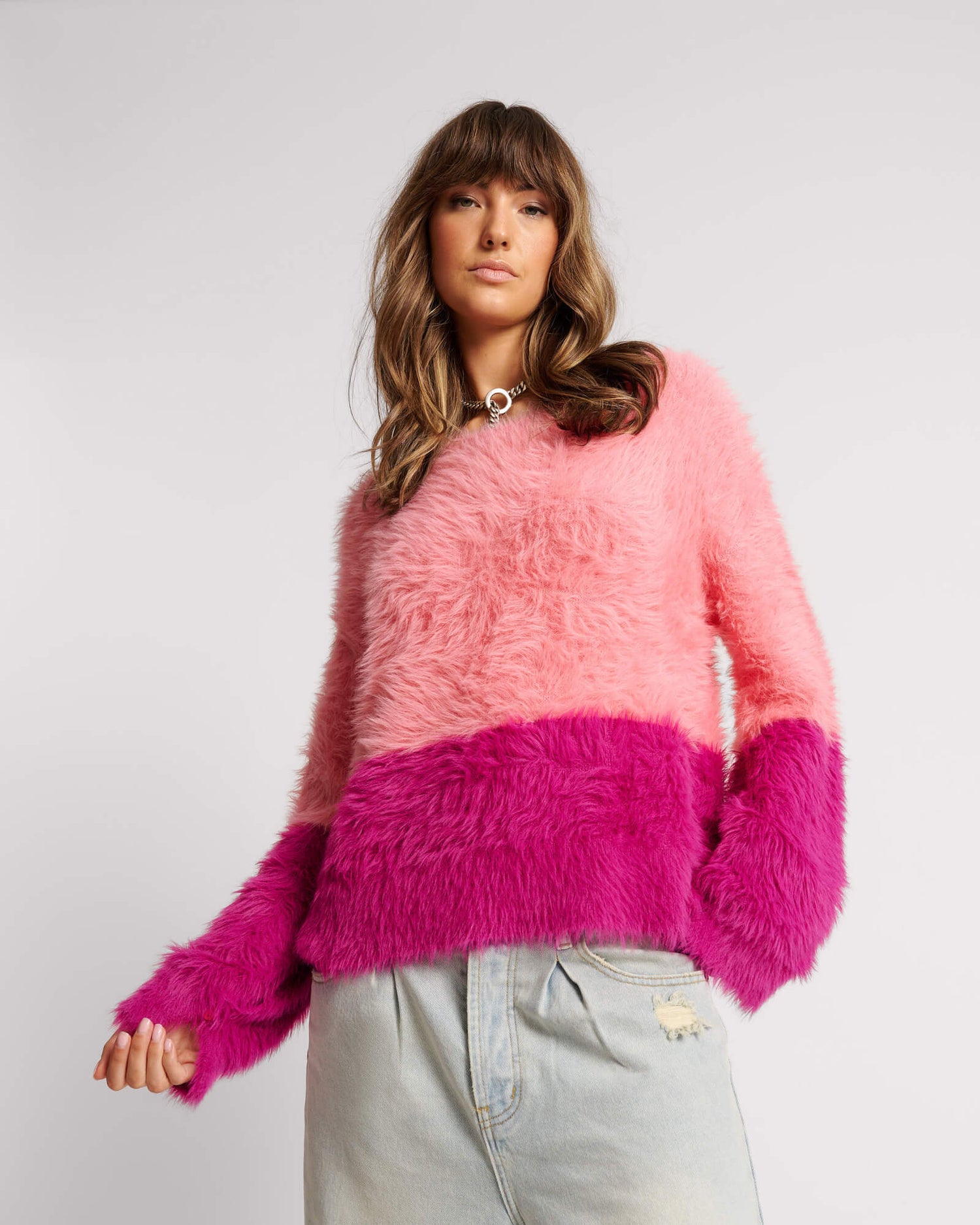 Women's Outerwear Fluffy Colour Block Sweater - Pink