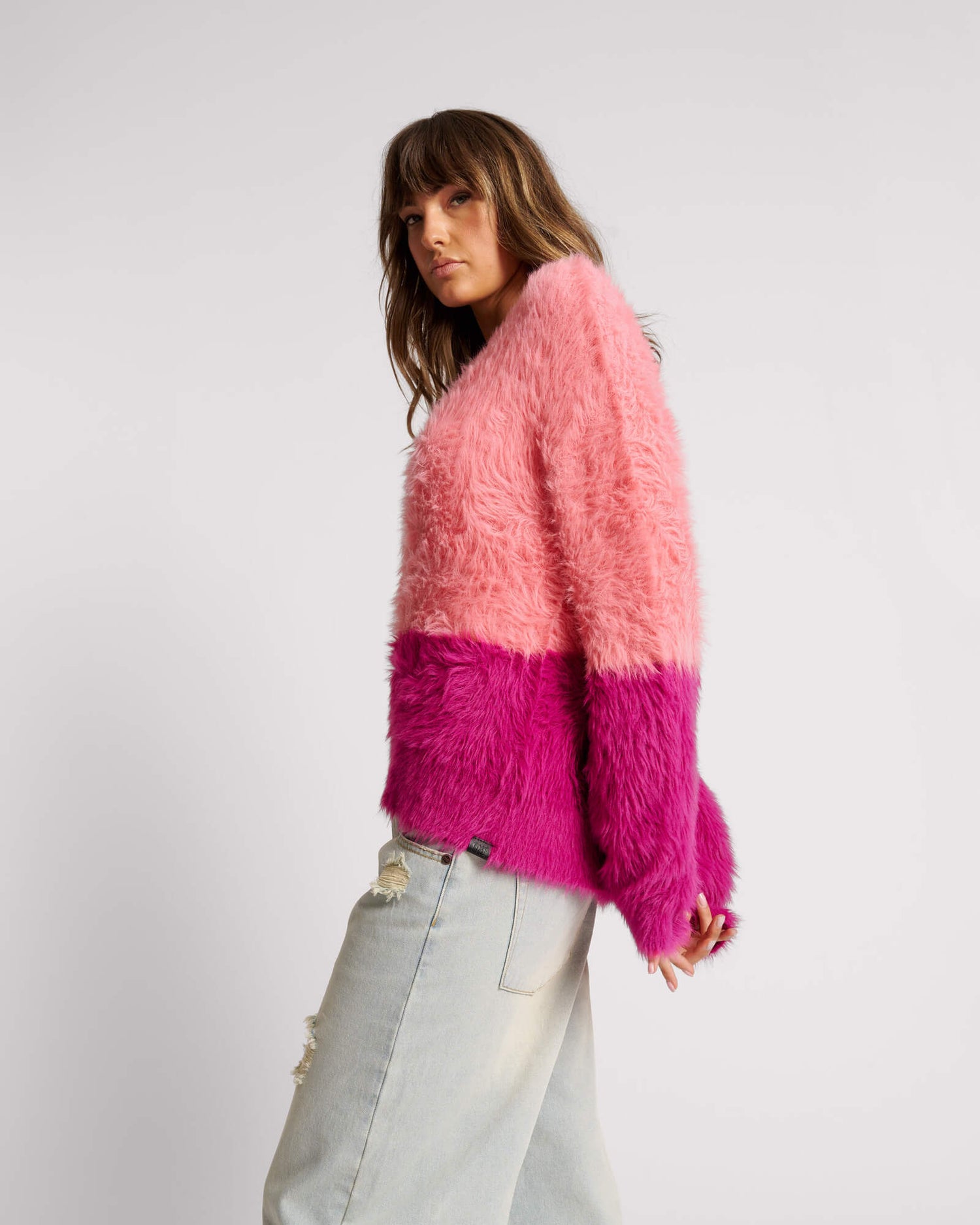 Women's Outerwear Fluffy Colour Block Sweater - Pink