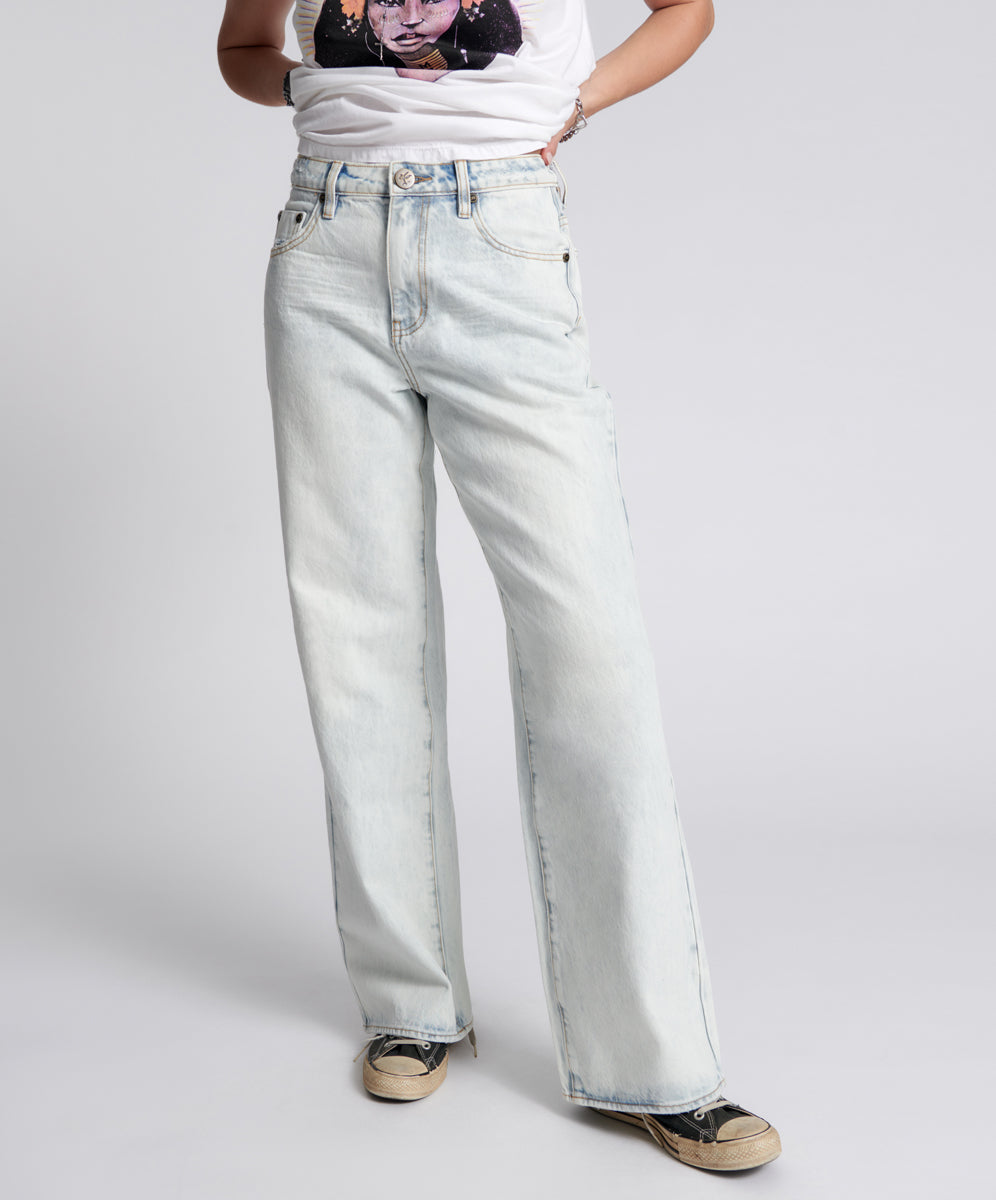 Dirty Blue Denim Jackson Mid Waist Wide Leg Denim Jeans - Florence