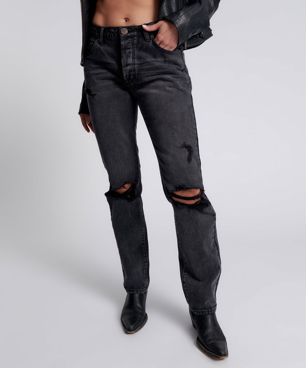 Last Stock Truckers Mid Waist Straight Leg Denim Jeans - Faded Black