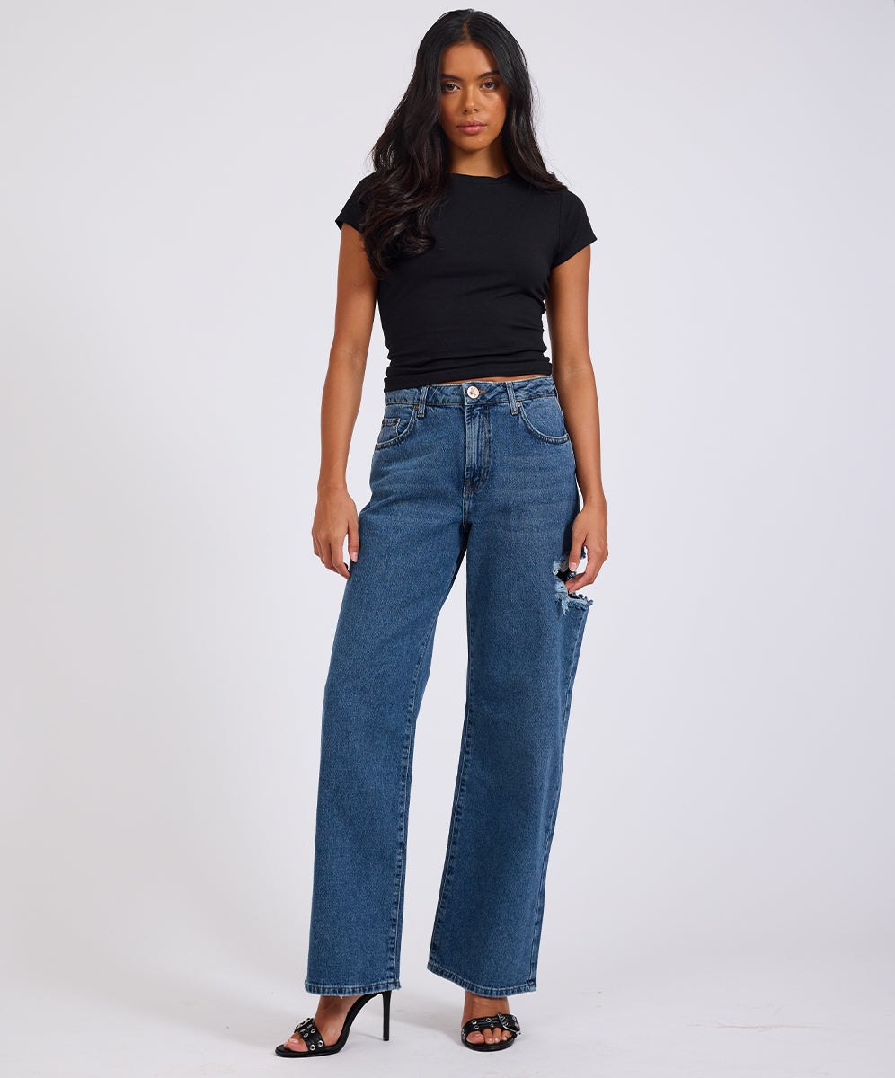 Dirty Blue Denim Jackson Mid Waist Wide Leg Denim Jeans - Rosewood