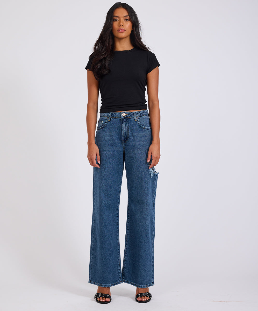 Dirty Blue Denim Jackson Mid Waist Wide Leg Denim Jeans - Rosewood