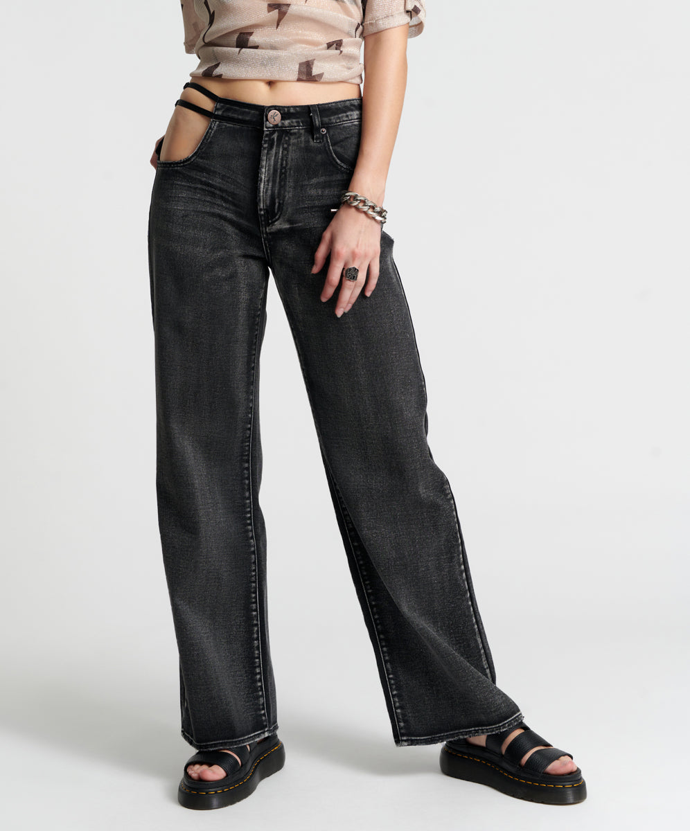 Last Stock Jackson Mid Waist Wide Leg Denim Jeans - Faded Black