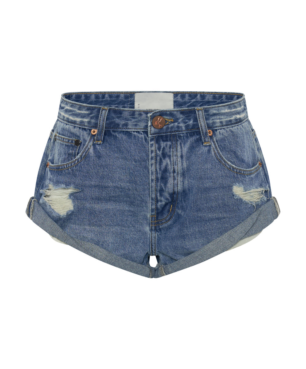 Dirty Blue Denim Bandits Low Waist Denim Shorts - Archived Pacifica Blue Smile Print