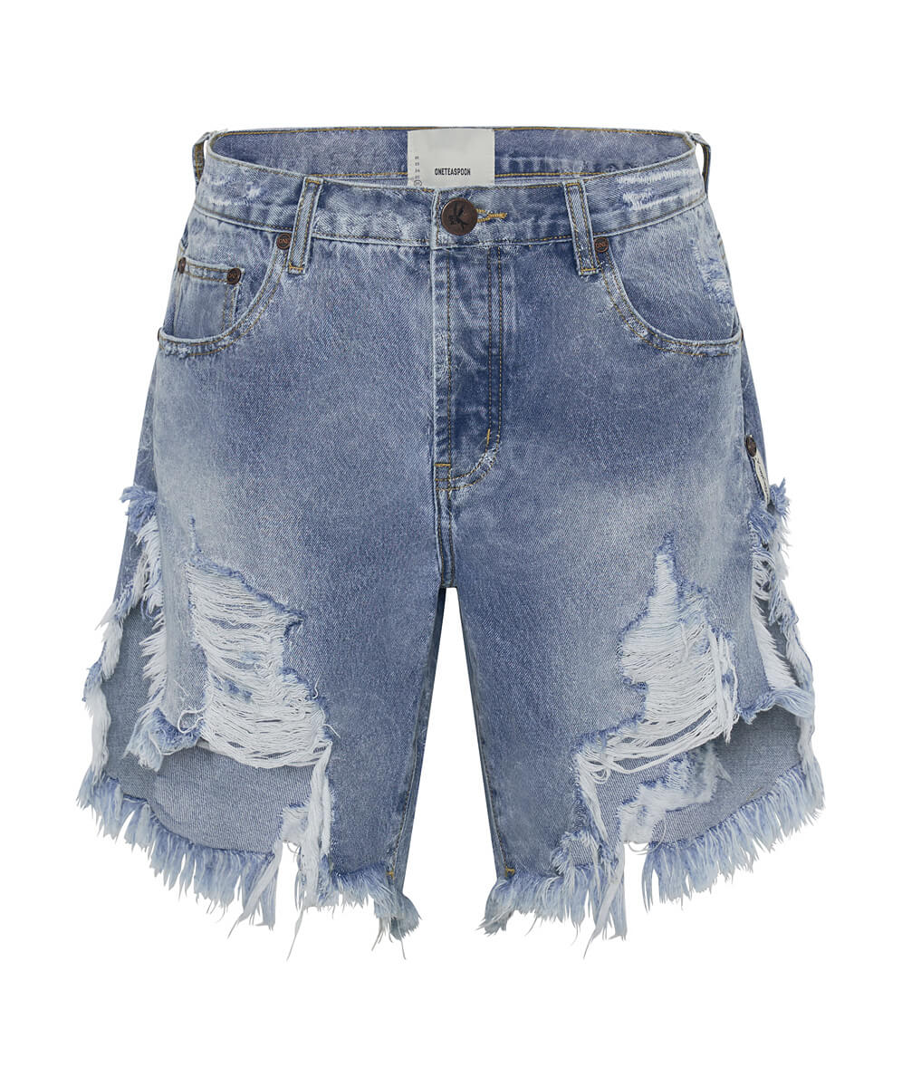 Dirty Blue Denim Frankies Low Waist Long Length Denim Shorts - Misty Blue
