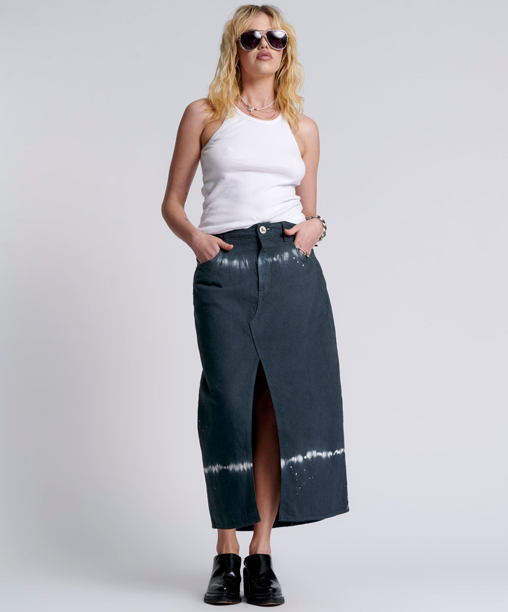 Last Stock Rocko Mid Waist Long Length Denim Skirt - Black Magic