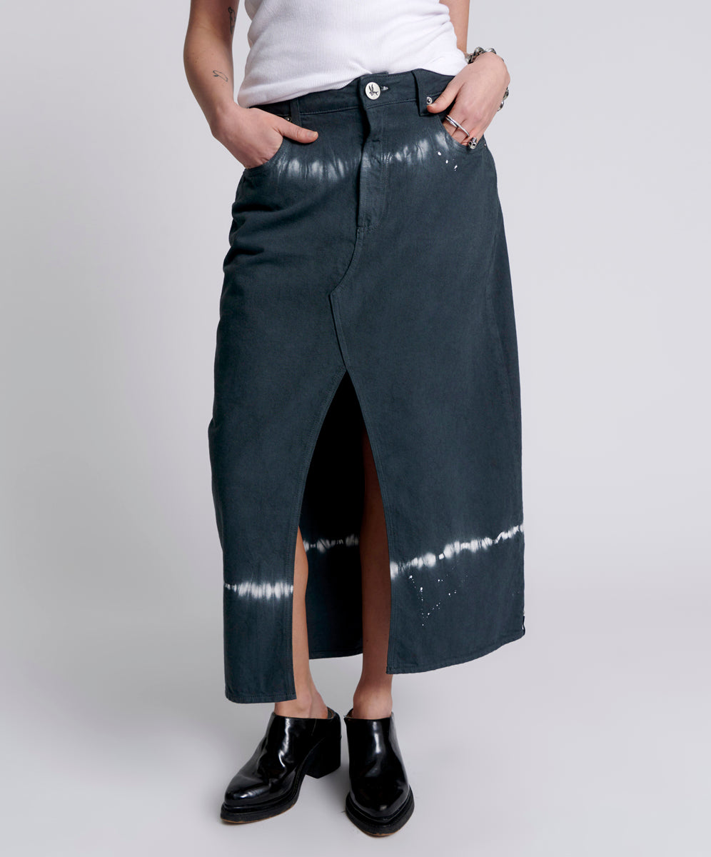 Last Stock Rocko Mid Waist Long Length Denim Skirt - Black Magic