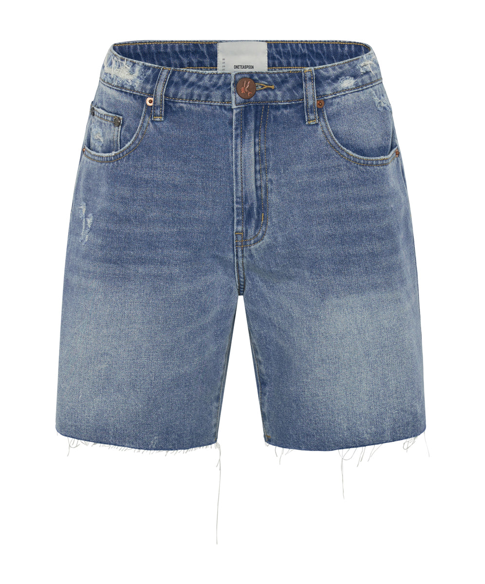 Dirty Blue Denim Jacksons Mid Waist Wide Leg Denim Shorts - Pacifica