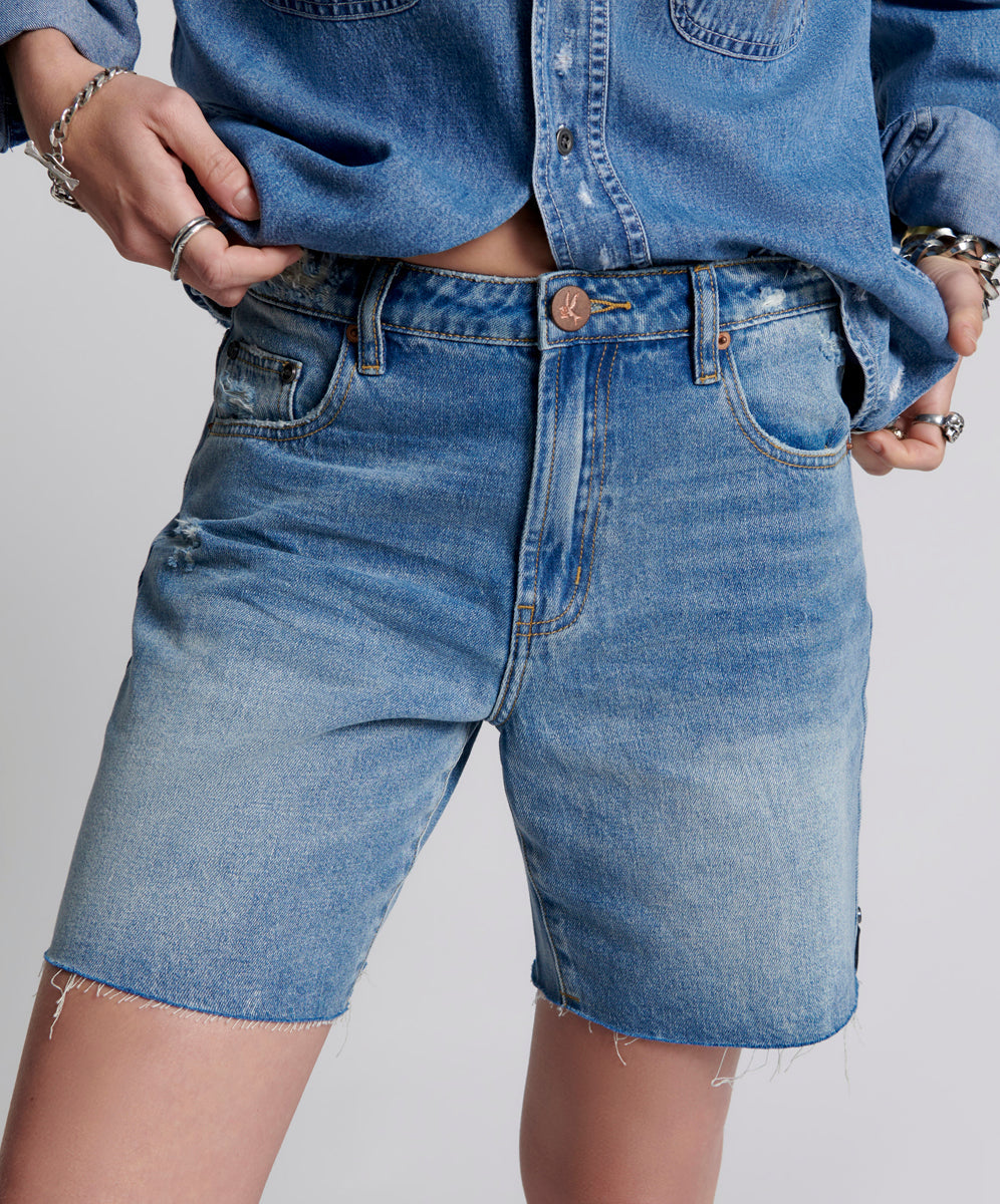 Dirty Blue Denim Jacksons Mid Waist Wide Leg Denim Shorts - Pacifica