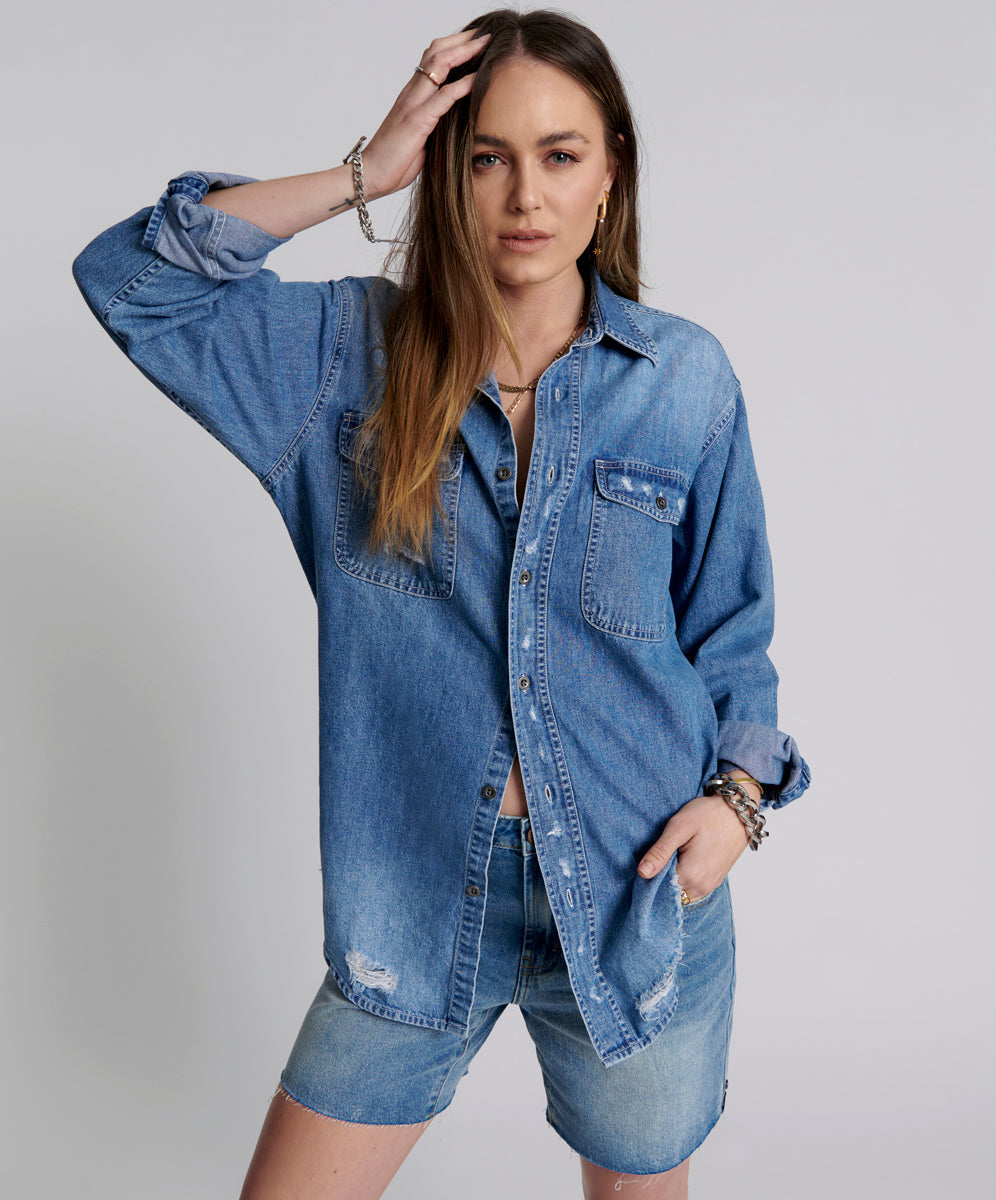 Dirty Blue Denim Western Denim Shirt - Pacifica