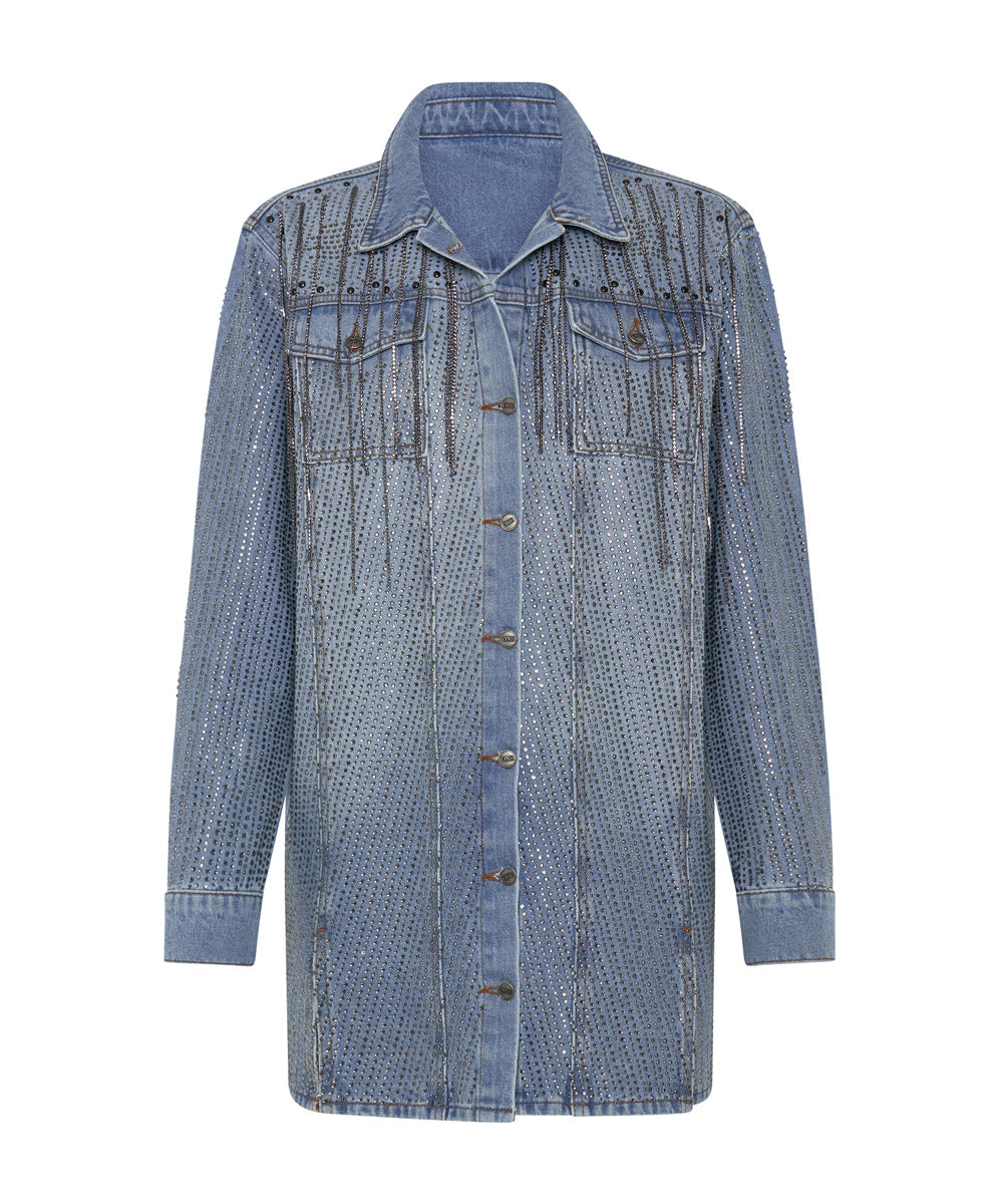Last Stock Trucker Denim Shirt Mini Dress - Vintage Blue