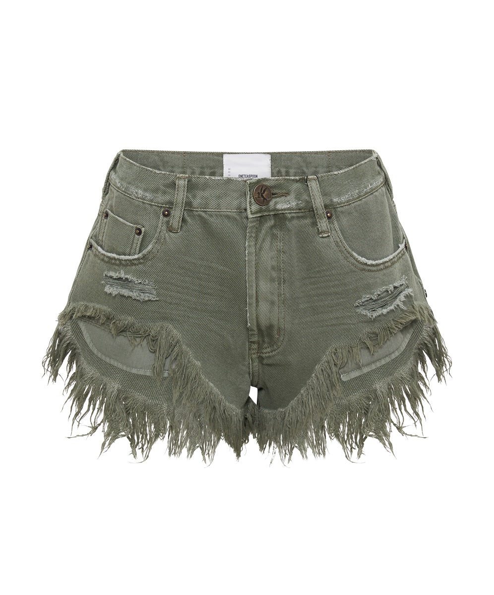 Women's Denim Shorts Rollers Low Waist Denim Shorts - Military Khaki