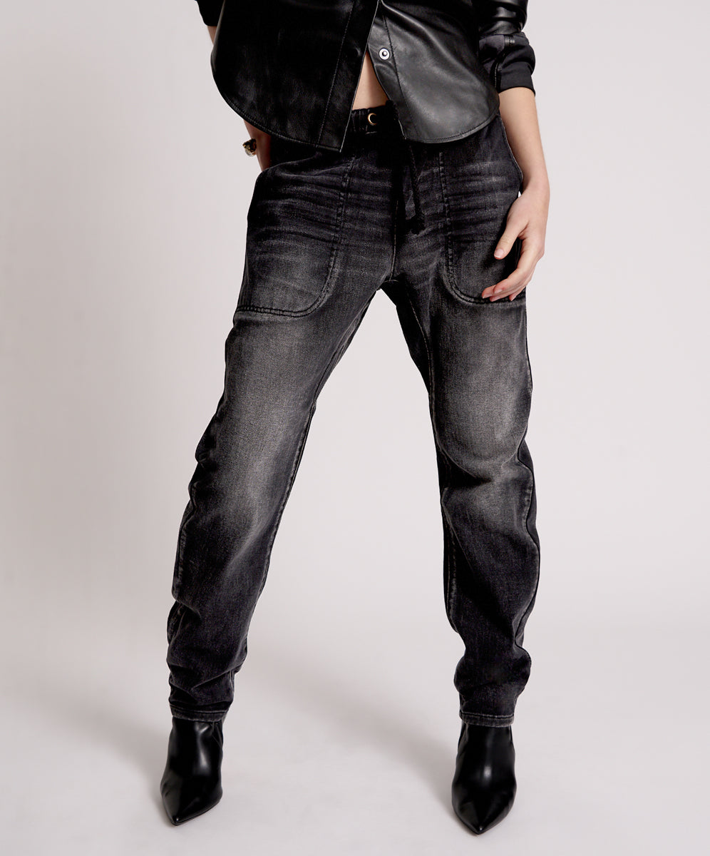 Outlet Sale Women's Jeans Shabbies Low Waist Drawstring Boyfriend Denim Jeans - Faded Black