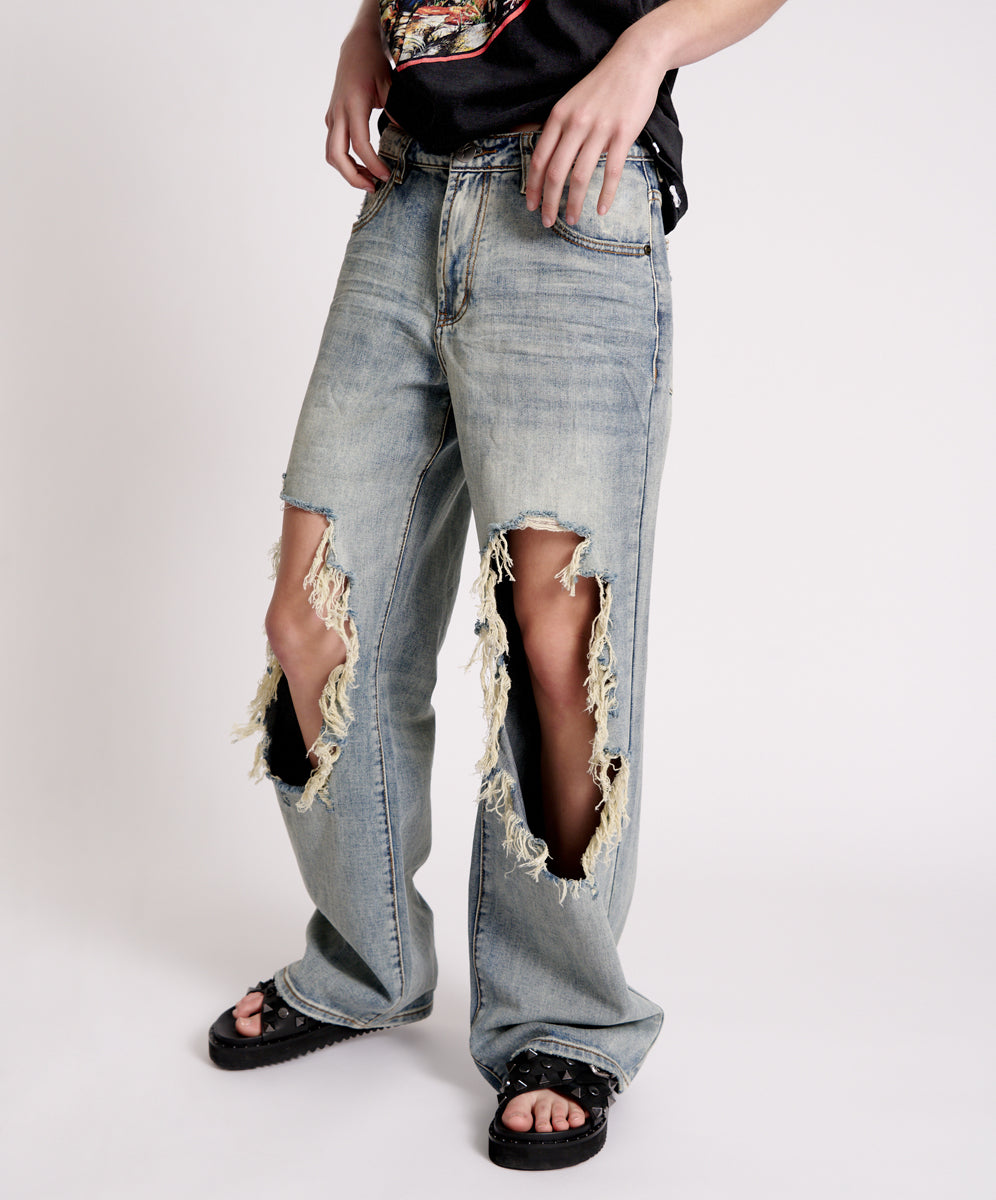 Dirty Blue Denim Jackson Mid Waist Wide Leg Denim Jeans - Old Blue