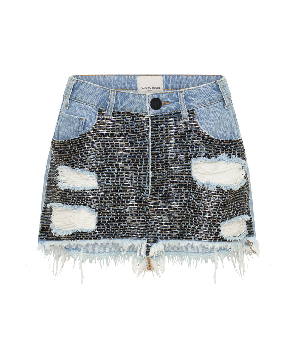 Dirty Blue Denim Junkyard Mini Denim Skirt - Mid Blue