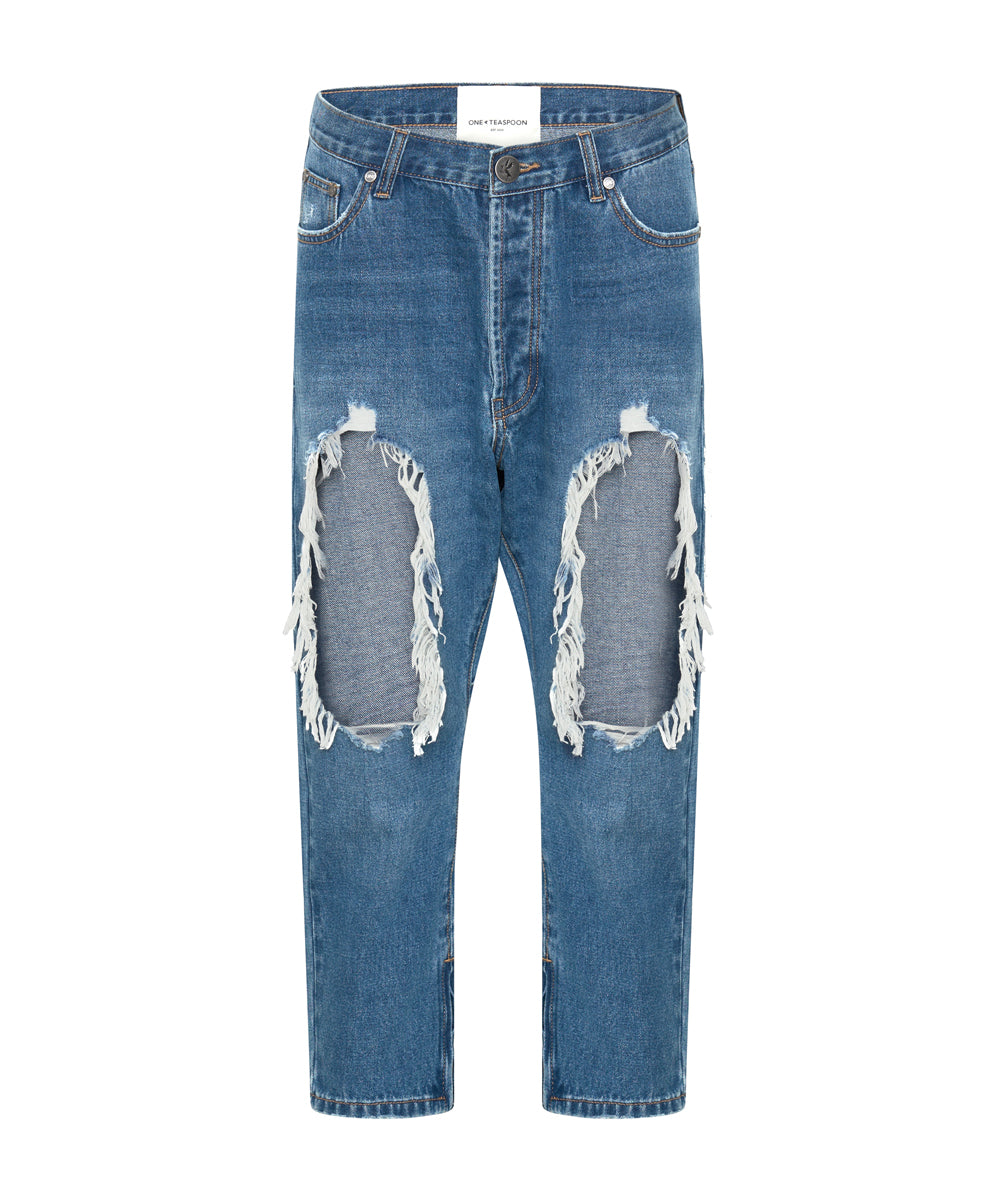 Last Stock Kingpins Low Waist Cropped Boyfriend Denim Jeans - Bay Blue