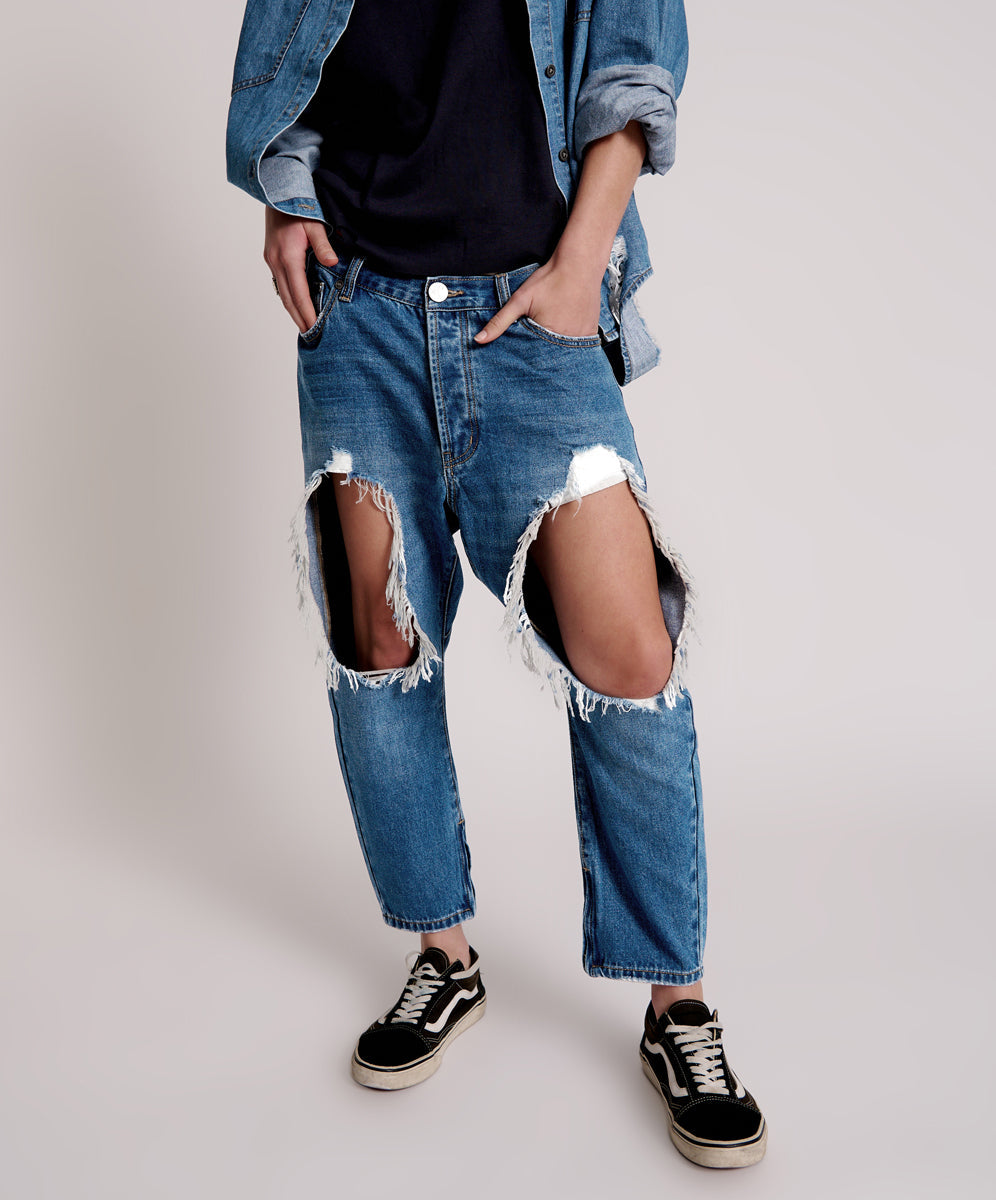 Last Stock Kingpins Low Waist Cropped Boyfriend Denim Jeans - Bay Blue