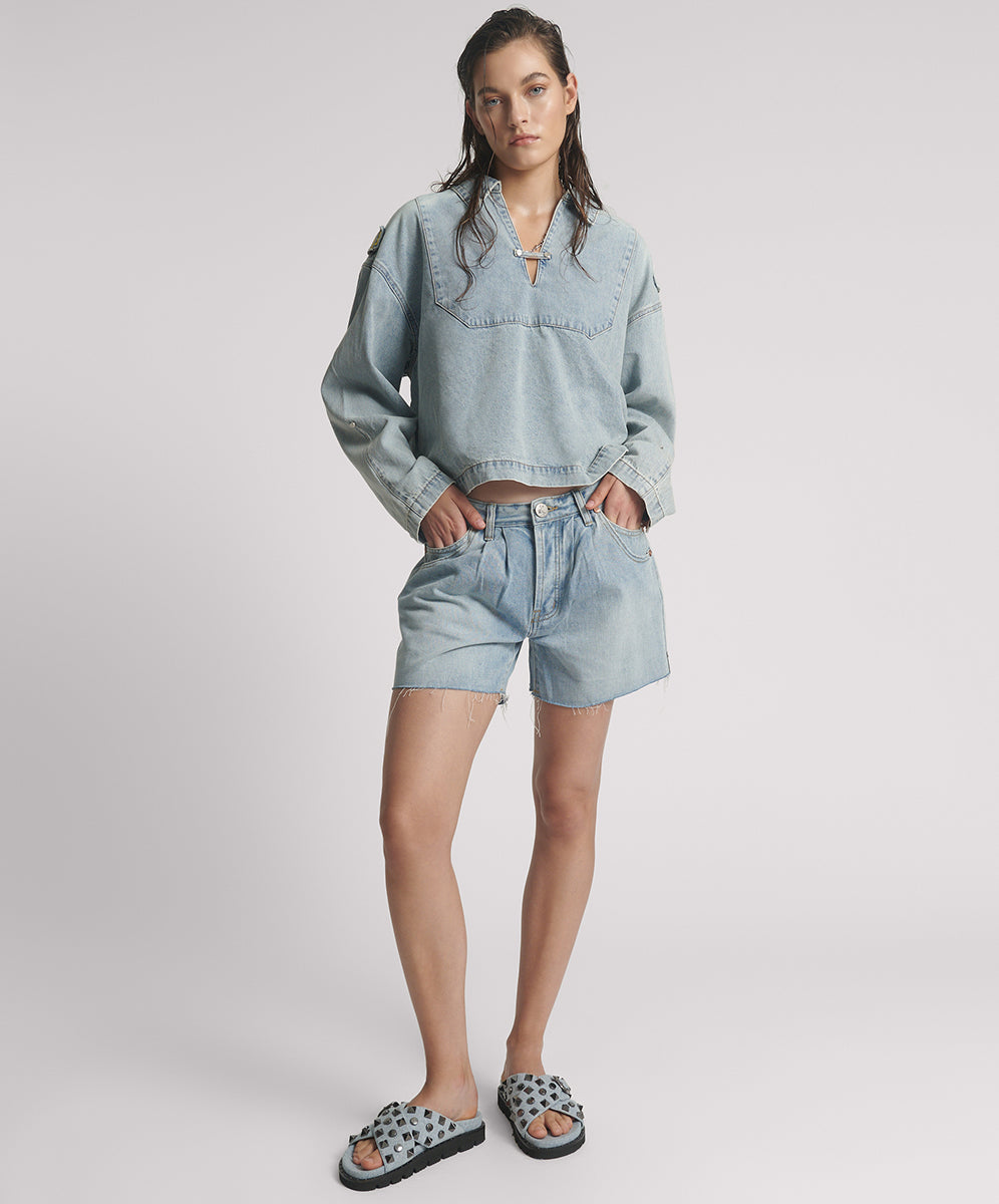 Dirty Blue Denim Shakers Low Waist Super Relaxed Denim Shorts - Hendrixe Blue