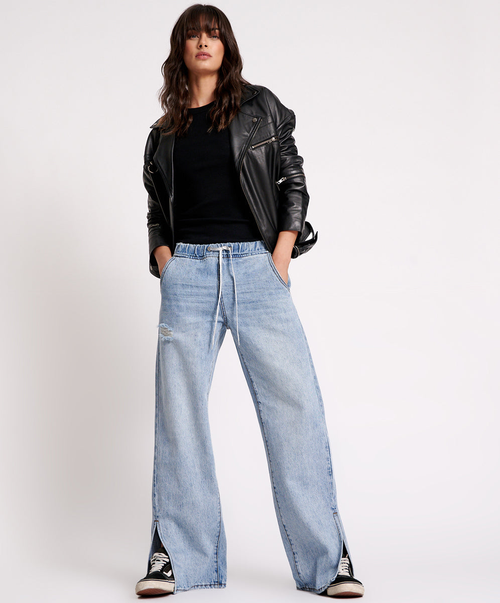 Dirty Blue Denim Roadhouse Wide Leg Drawstring Denim Jeans - Salty Dog