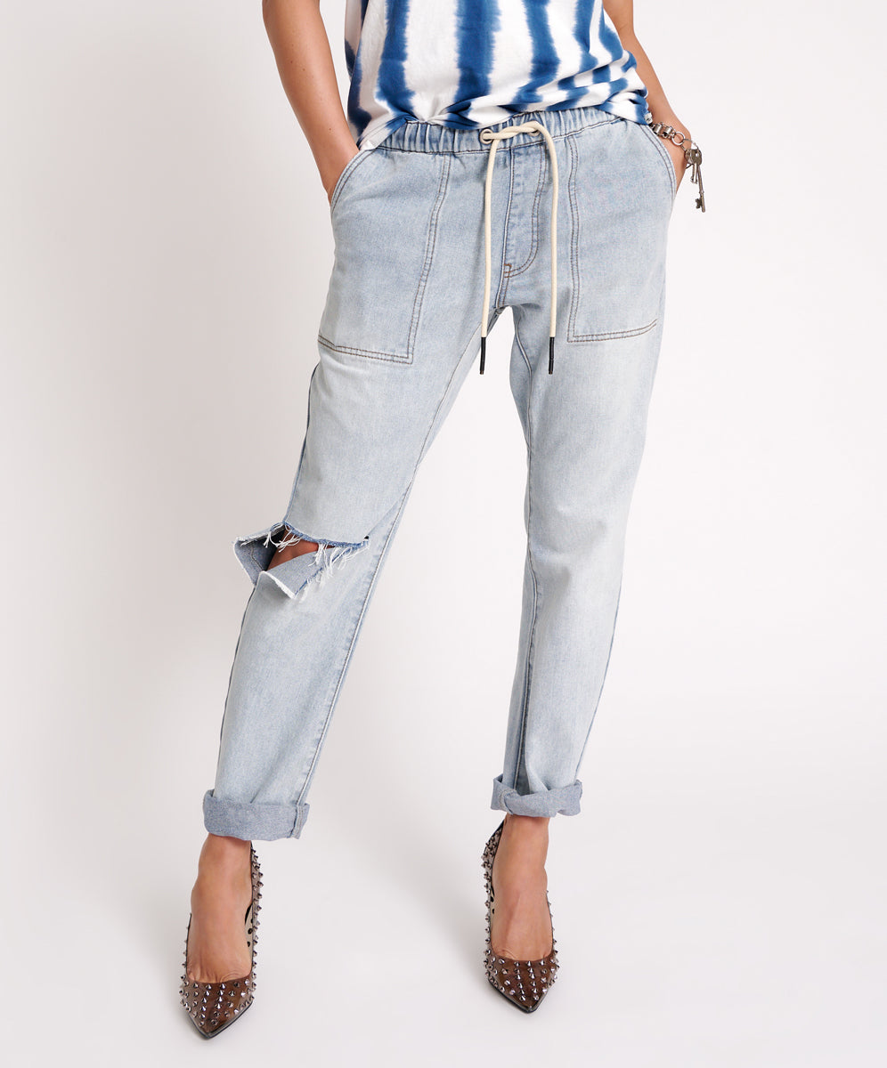 Dirty Blue Denim Shabbies Low Waist Drawstring Boyfriend Denim Jeans - Dream