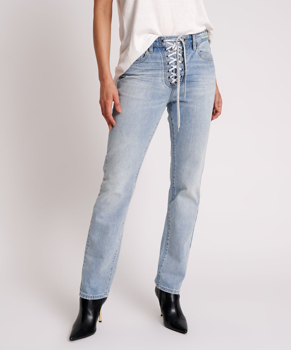 Last Stock Truckers Mid Waist Straight Leg Denim Jeans - Hendrixe