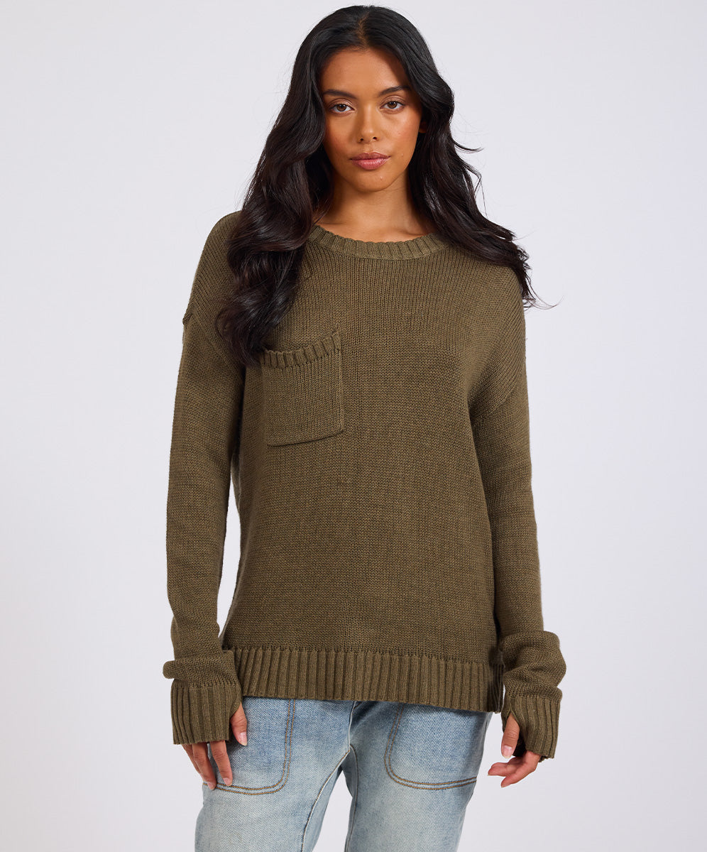 Khaki Edit Classic Pocket Chunky Knit Sweater Khaki - Khaki