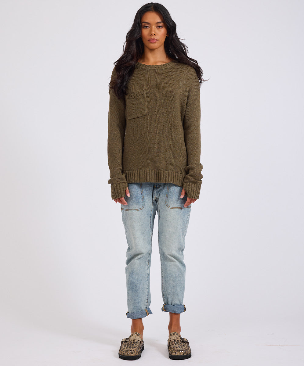 Khaki Edit Classic Pocket Chunky Knit Sweater Khaki - Khaki