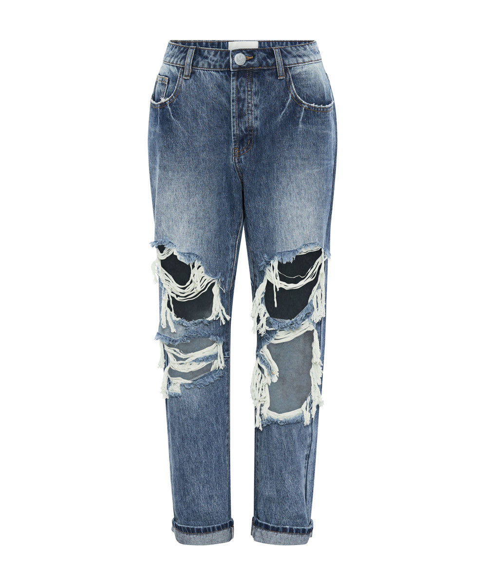 Dirty Blue Denim Saints Low Waist Boyfriend Denim Jeans - Blue Love