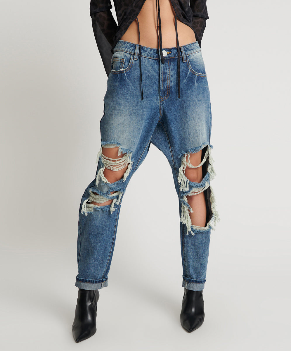 Dirty Blue Denim Saints Low Waist Boyfriend Denim Jeans - Blue Love