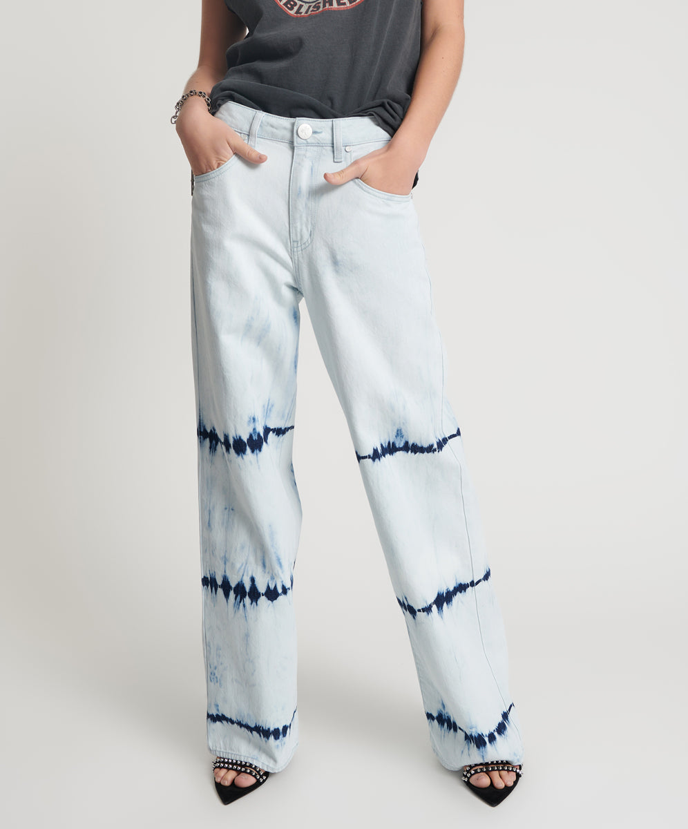 Dirty Blue Denim Jackson Mid Waist Wide Leg Denim Jeans - Bleached Out Blue