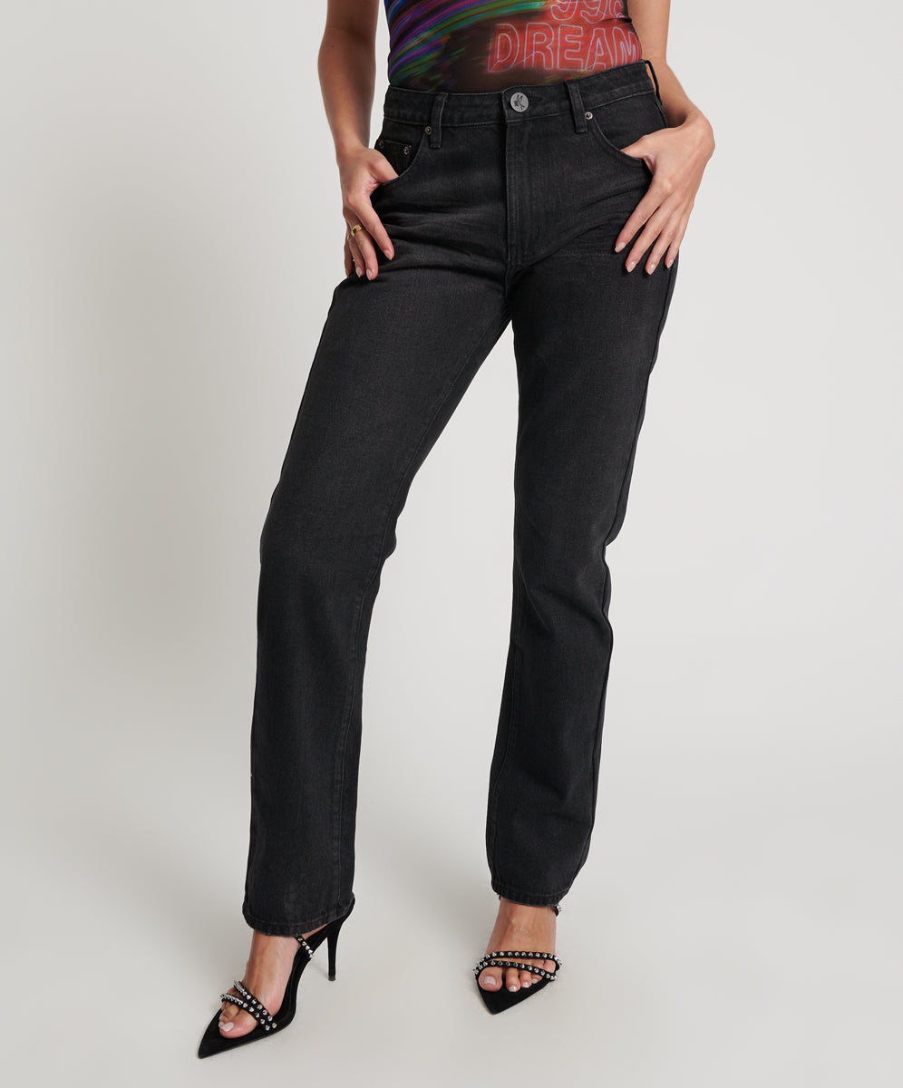 Last Stock Truckers Mid Waist Straight Leg Denim Jeans - Black Oak