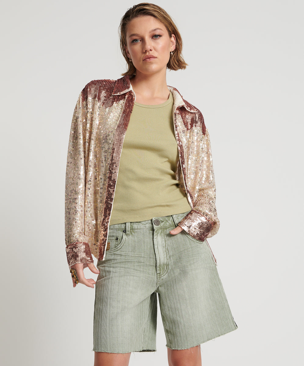 Khaki Edit Jacksons Mid Waist Wide Leg Denim Shorts - Khaki