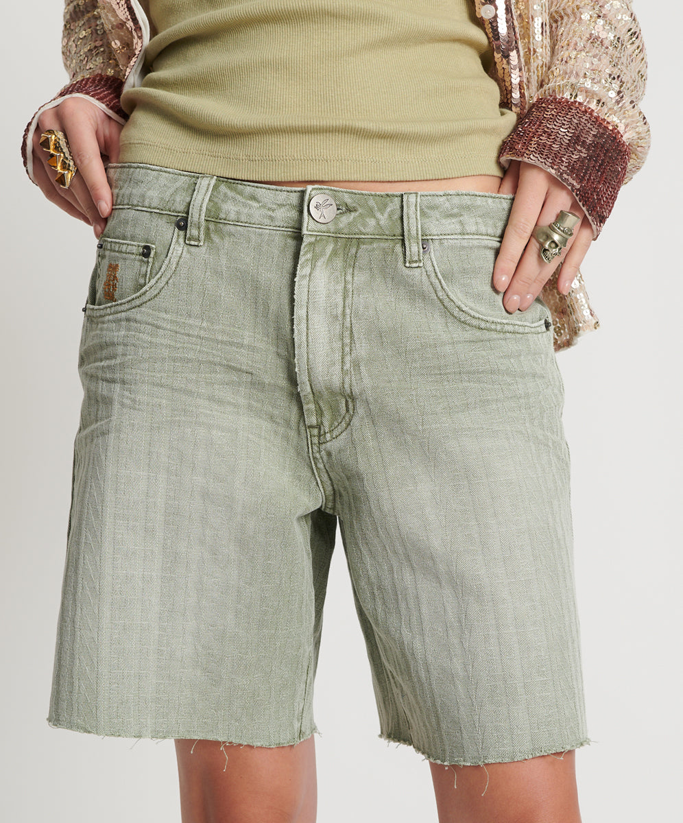 Khaki Edit Jacksons Mid Waist Wide Leg Denim Shorts - Khaki