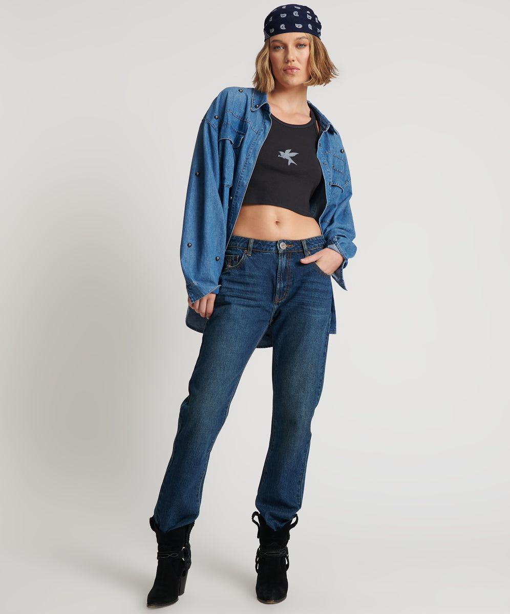 Dirty Blue Denim Truckers Mid Waist Straight Leg Denim Jeans - Royal Blue