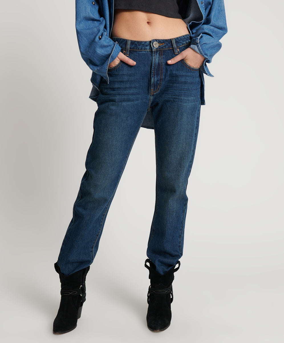 Dirty Blue Denim Truckers Mid Waist Straight Leg Denim Jeans - Royal Blue