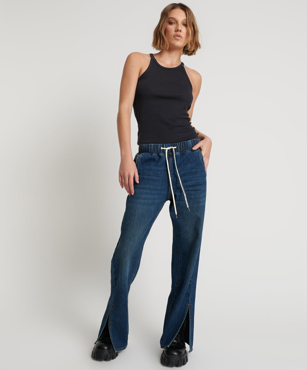 Dirty Blue Denim Roadhouse Wide Leg Drawstring Denim Jeans - Royal Blue