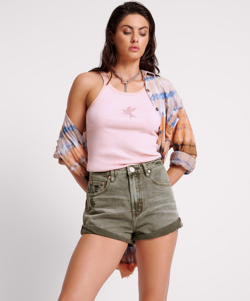 Khaki Edit Bandits High Waist Denim Shorts - Old Khaki